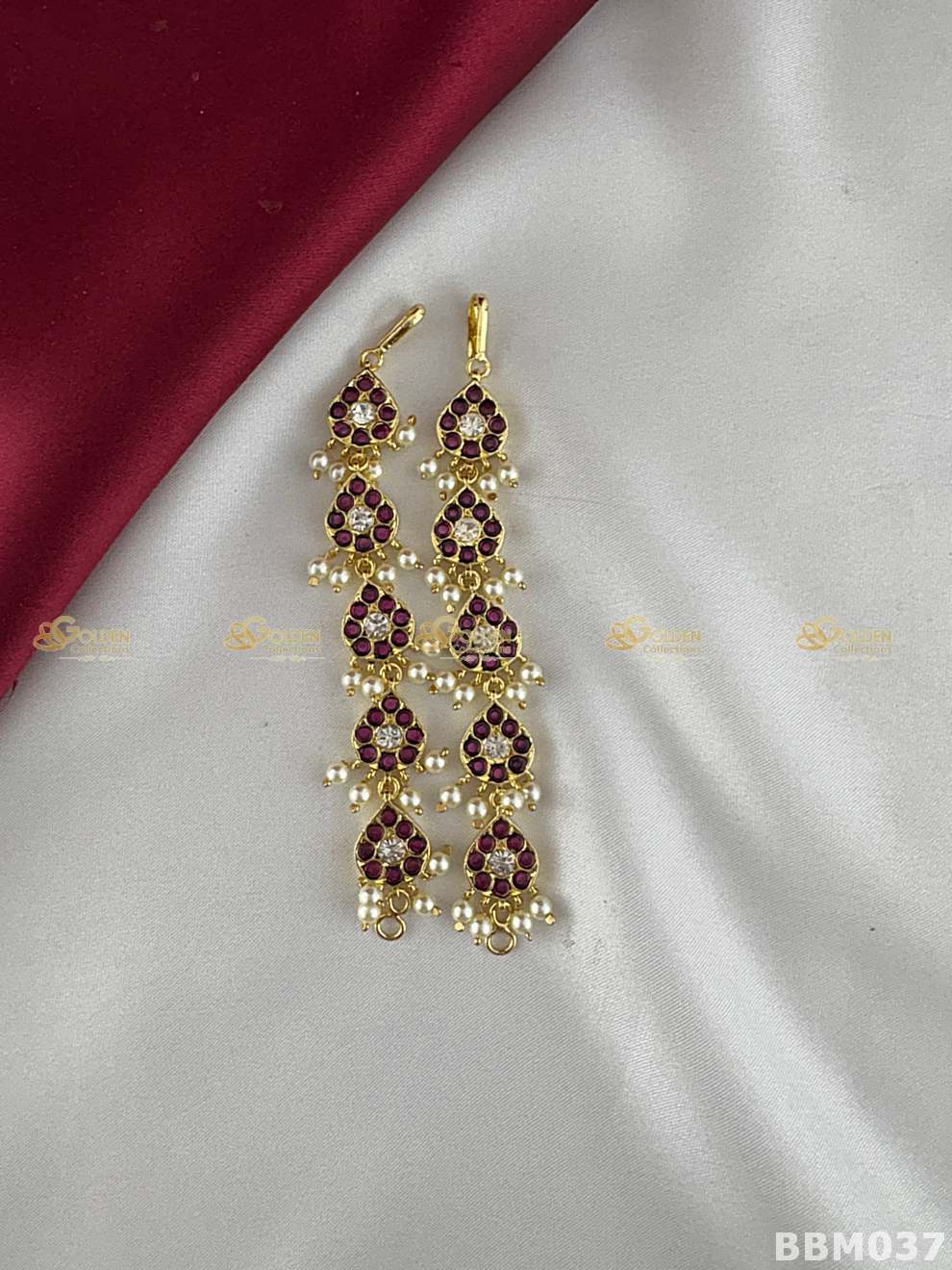 Kemp Matil for Bharatanatyam temple jewellery side head chain with pearl drops
