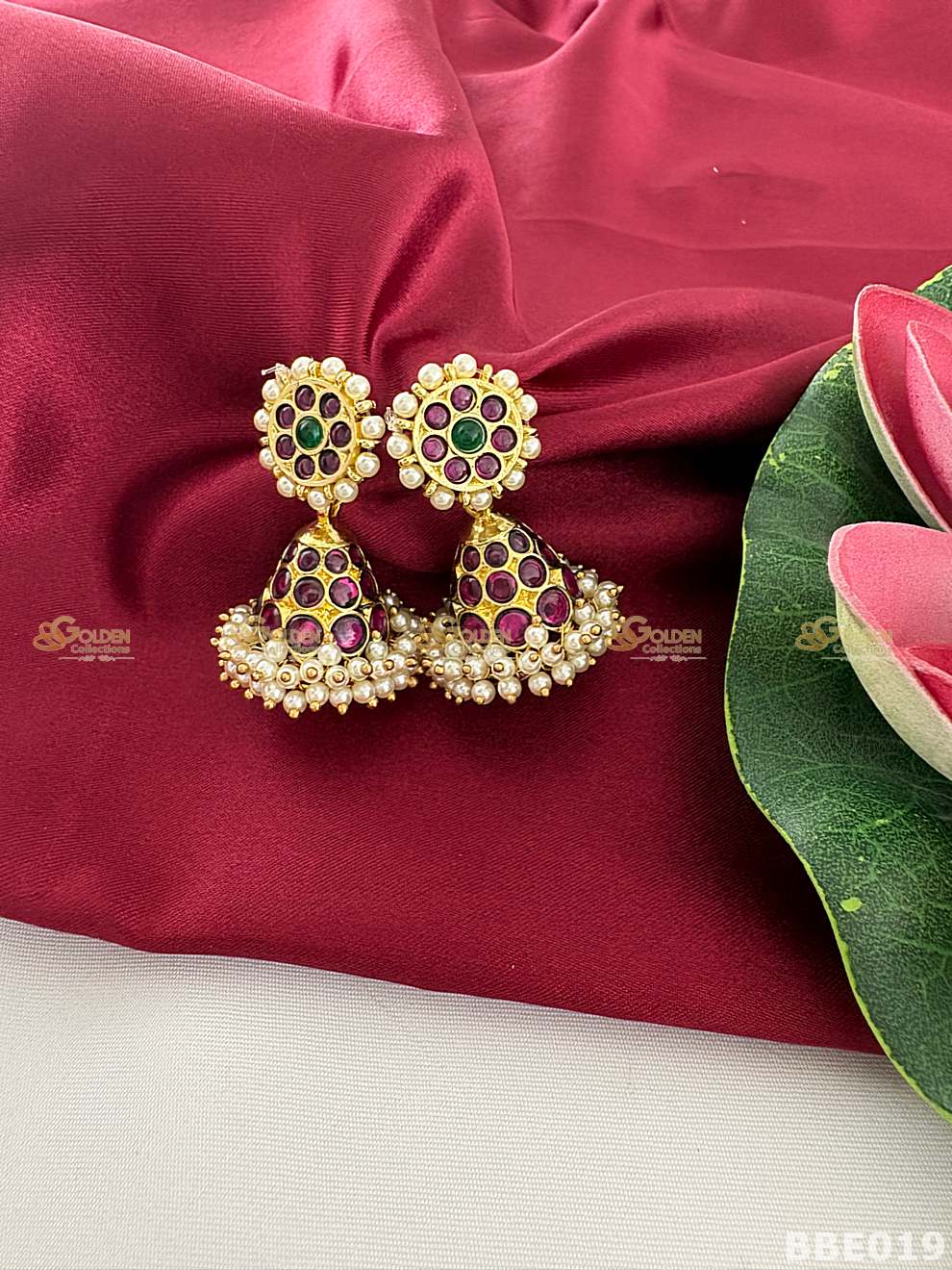 Kemp Jhumka Earrings for Bharatanatyam | Temple Jewellery Jhumki with Pearl Drops