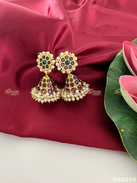 Kemp Jhumka Earrings for Bharatanatyam | Temple Jewellery Jhumki with Pearl Drops