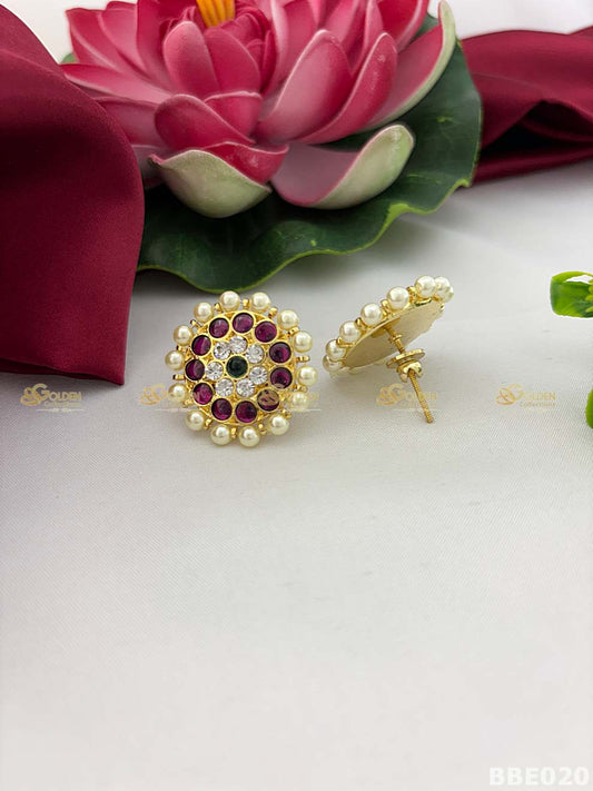 Kemp stud earrings Bharatanatyam temple jewellery round thodu with pearl border-BBE020
