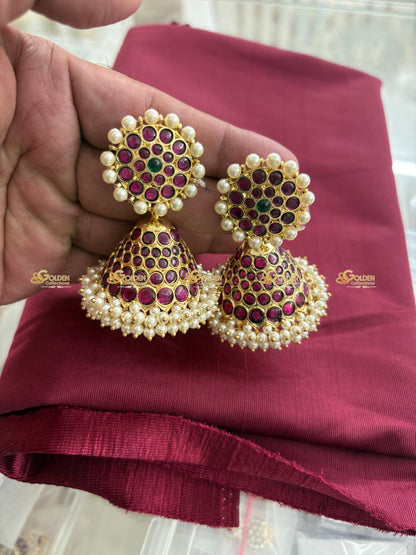 Kemp Jhumka Earrings for Bharatanatyam & Kuchipudi – Temple Jewellery with Pearl Border