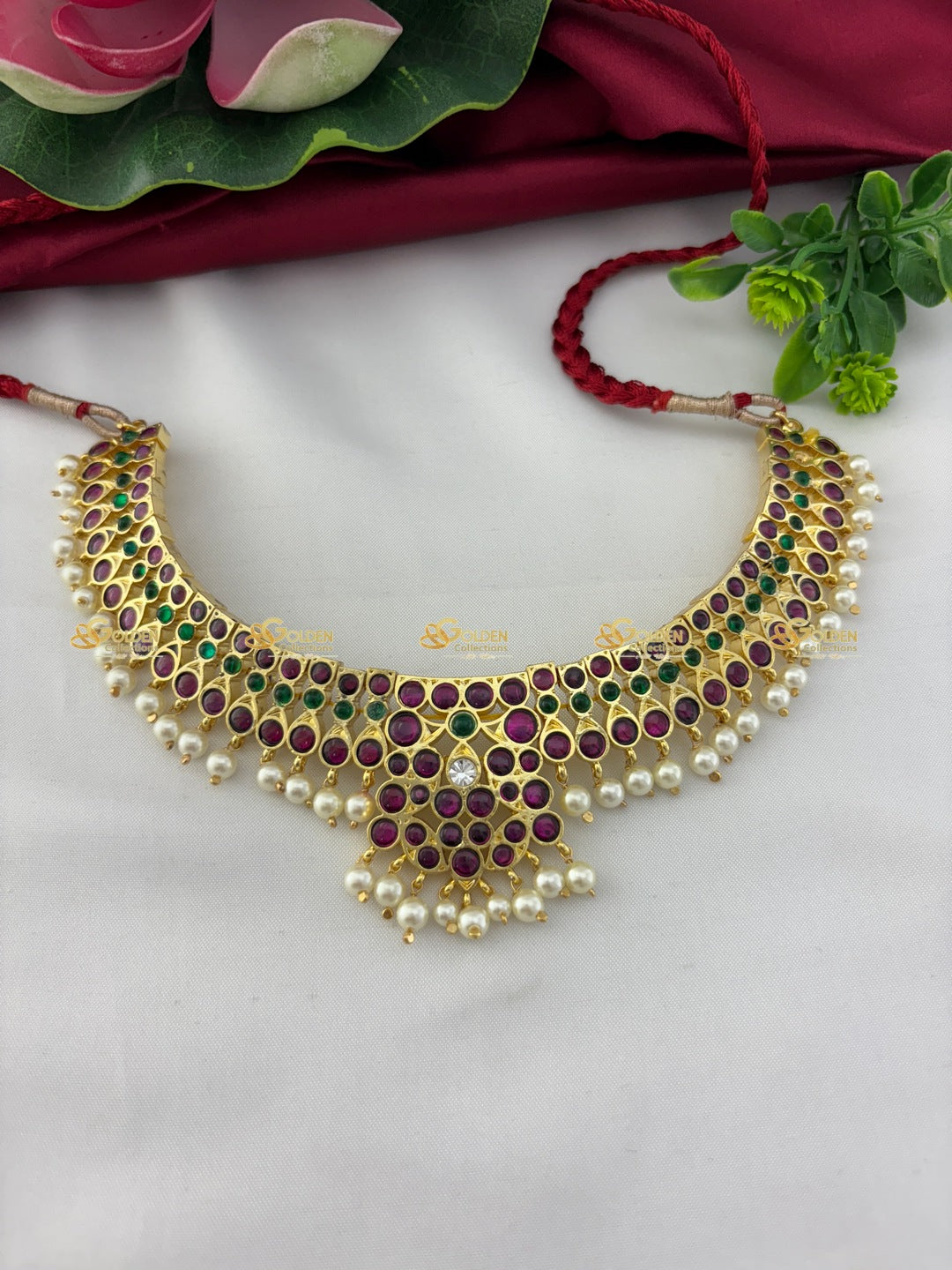 Premium Kemp Bharatanatyam Short Necklace temple jewellery front view