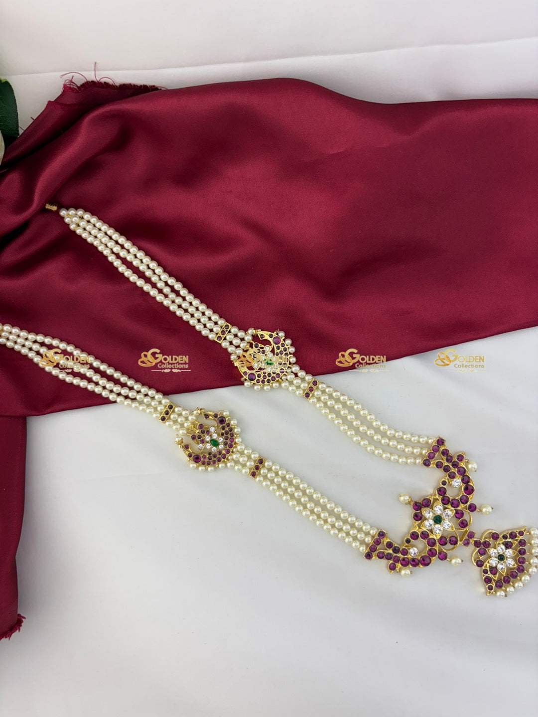 Real Kemp Pearl Long Haram for Bharatanatyam and Kuchipudi BBN052 with red-green kemp stones with pearl accents