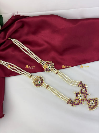 Real Kemp Pearl Long Haram for Bharatanatyam and Kuchipudi BBN052 with red-green kemp stones with pearl accents