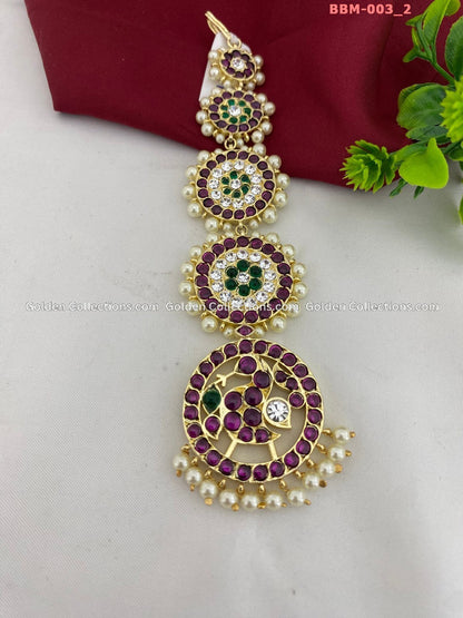 Pearl Maang Tikka Kemp Nethi Chutti By Goldencollections Color: White & Green & Kemp Stones Style: Maang Tikka Image 2