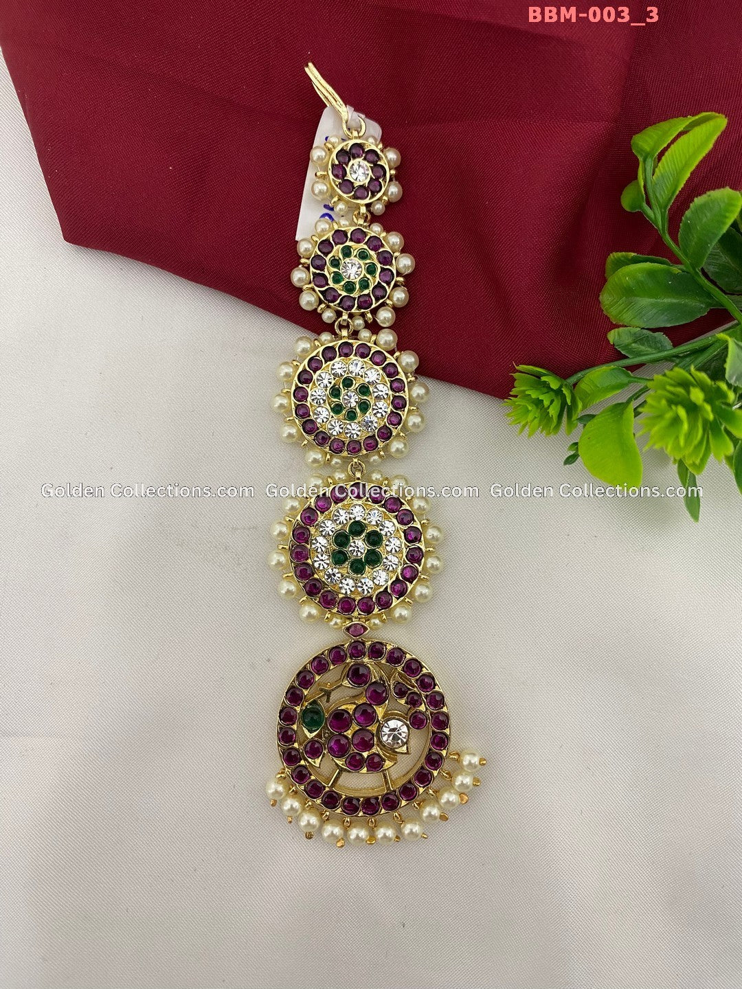 Pearl Maang Tikka Kemp Nethi Chutti By Goldencollections Color: White & Green & Kemp Stones Style: Maang Tikka Image 3
