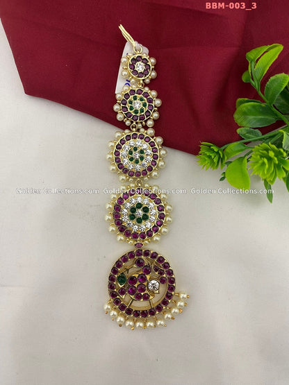 Pearl Maang Tikka Kemp Nethi Chutti By Goldencollections Color: White & Green & Kemp Stones Style: Maang Tikka Image 3