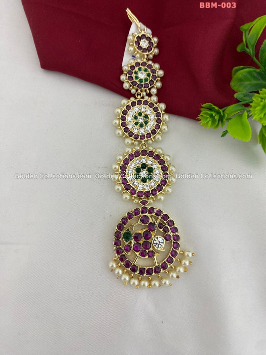 Pearl Maang Tikka Kemp Nethi Chutti By Goldencollections Color: White & Green & Kemp Stones Style: Maang Tikka Image 1