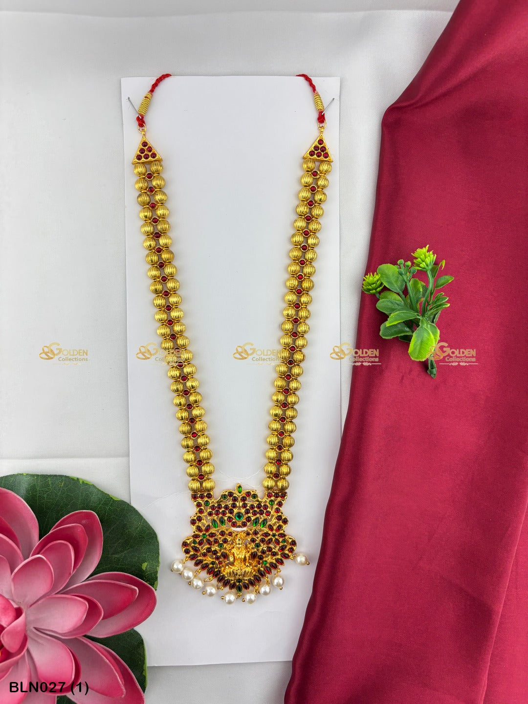 Bharatanatyam long haram with red, green and clear stones BLN-027