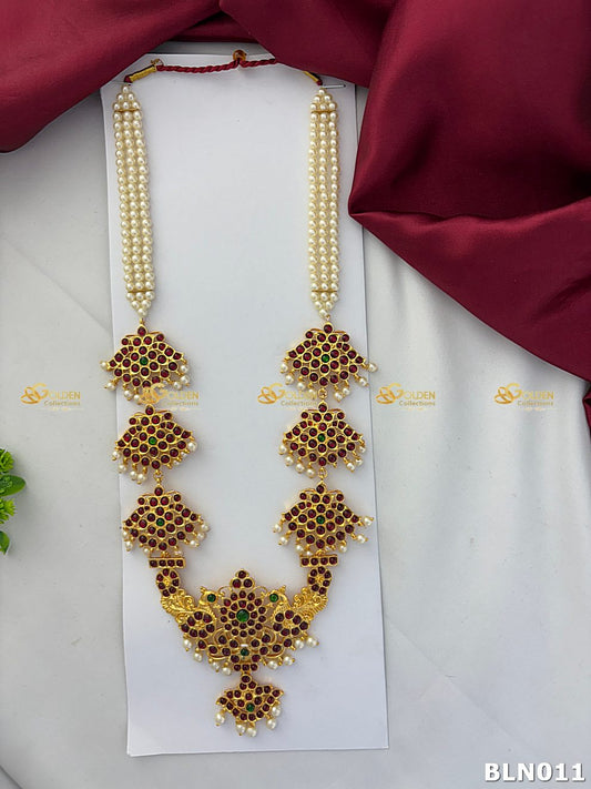 Bharatanatyam long haram with red, green and clear stones BLN-011