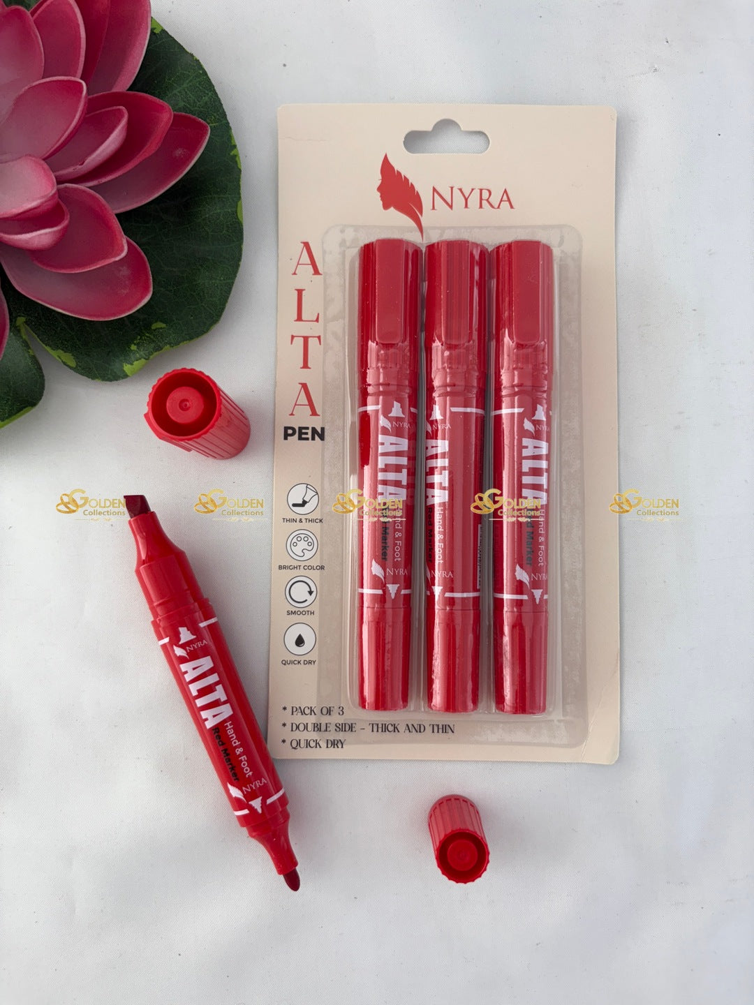 Nyra red alta pen for Bharatanatyam and Kuchipudi dance | Quick dry double sided pack of 3 | GoldenCollections