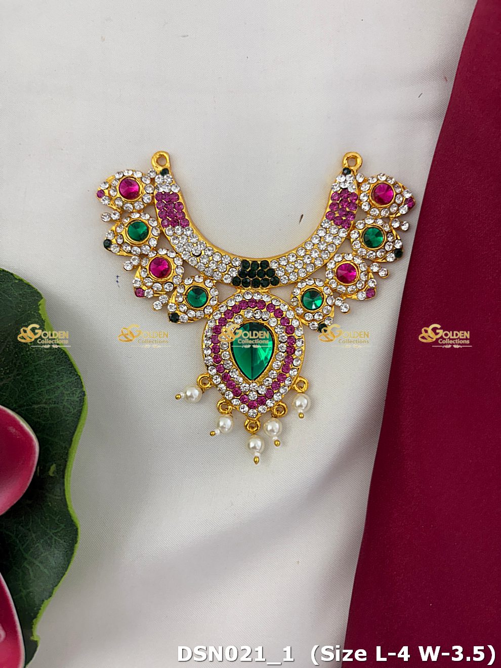 Decorative necklace with gemstones on a white background