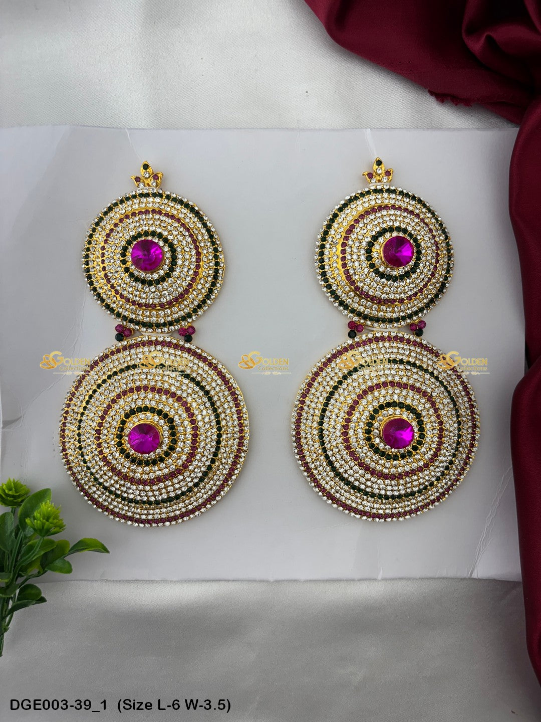 ammavaru deity stone earrings karna pathakam goldencollections Size: 6 x 3.5, Color: Pink, Style: Round Image 1