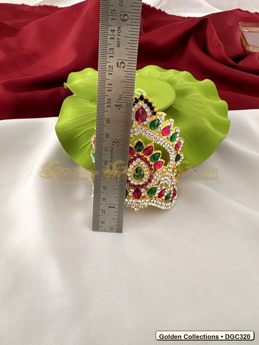 Angled view of Small Arch Deity Crown Mukut with Pink Green Stones 3.5 x 4 x 3 inches DGC320 from Golden Collections