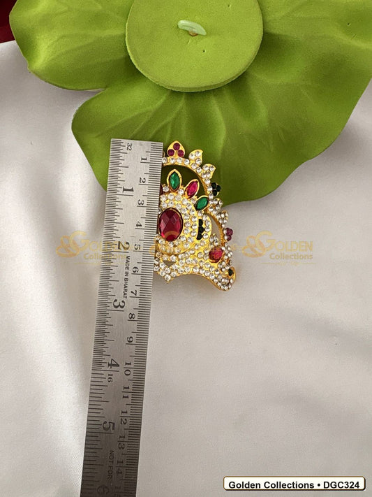 Angled view of Small Floral Arch Deity Crown Mukut Pink Green Stones 2.5 x 3.75 x 2.5 inches DGC324 from Golden Collections
