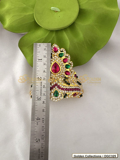 Angled view of Small Triangle Deity Crown Kireedam Pink Green Stones 3 x 4.25 x 3 inches DGC325 from Golden Collections
