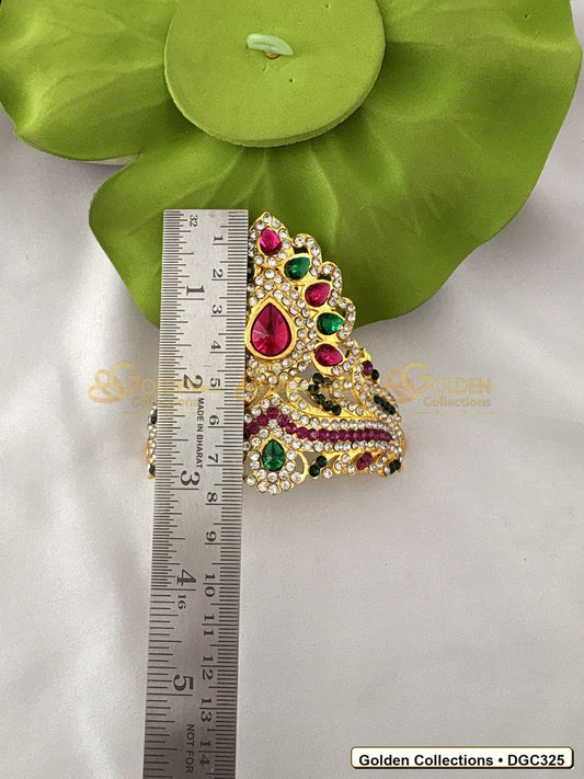 Angled view of Small Triangle Deity Crown Kireedam Pink Green Stones 3 x 4.25 x 3 inches DGC325 from Golden Collections
