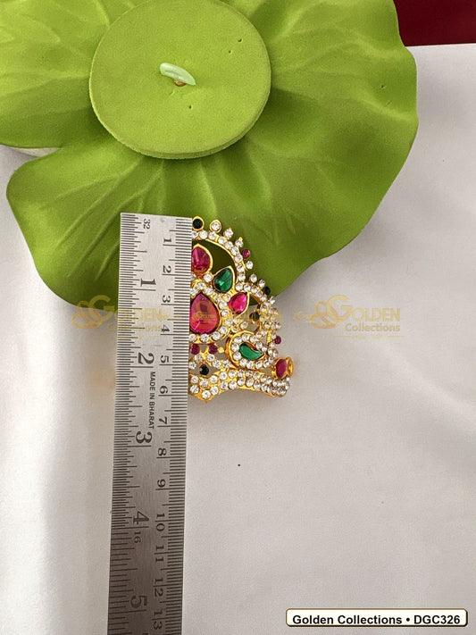 Angled view of Small Lotus Arch Deity Crown Mukut Pink Green Stones 2.5 x 4 x 2.5 inches DGC326 from Golden Collections