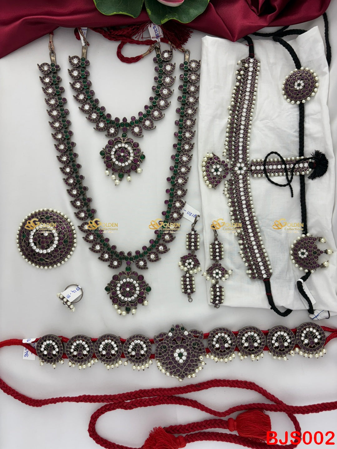 Full Antique Kemp Bharatanatyam Jewellery Set in Maroon Green with Oxidized Silver Finish for Arangetram - Manufactured by GoldenCollections