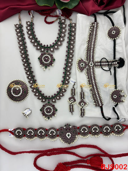 Full Antique Kemp Bharatanatyam Jewellery Set in Maroon Green with Oxidized Silver Finish for Arangetram - Manufactured by GoldenCollections