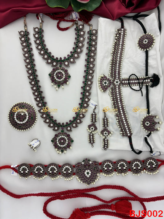 Full Antique Kemp Bharatanatyam Jewellery Set in Maroon Green with Oxidized Silver Finish for Arangetram - Manufactured by GoldenCollections