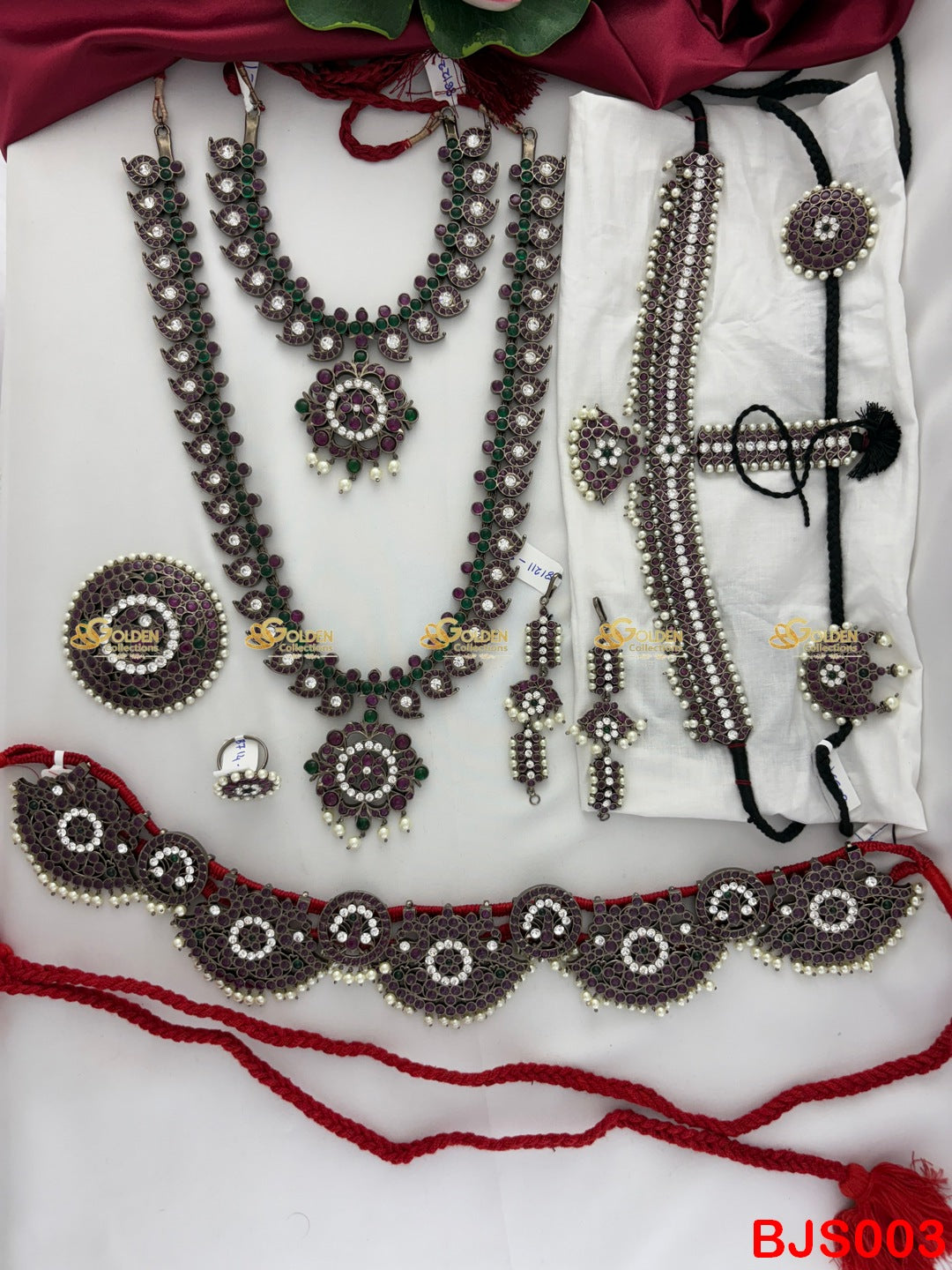 Full Antique Kemp Bharatanatyam Jewellery Set in Maroon Green with Oxidized Silver Finish for Arangetram - Manufactured by GoldenCollections