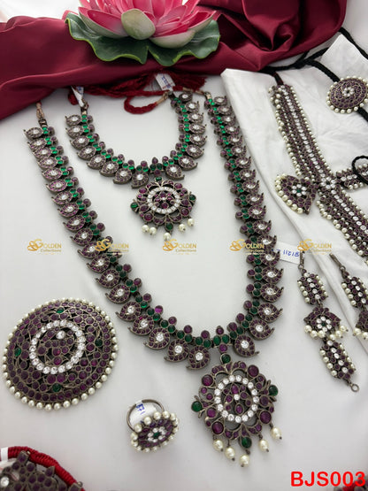 Full Antique Kemp Bharatanatyam Jewellery Set in Maroon Green with Oxidized Silver Finish for Arangetram - Manufactured by GoldenCollections