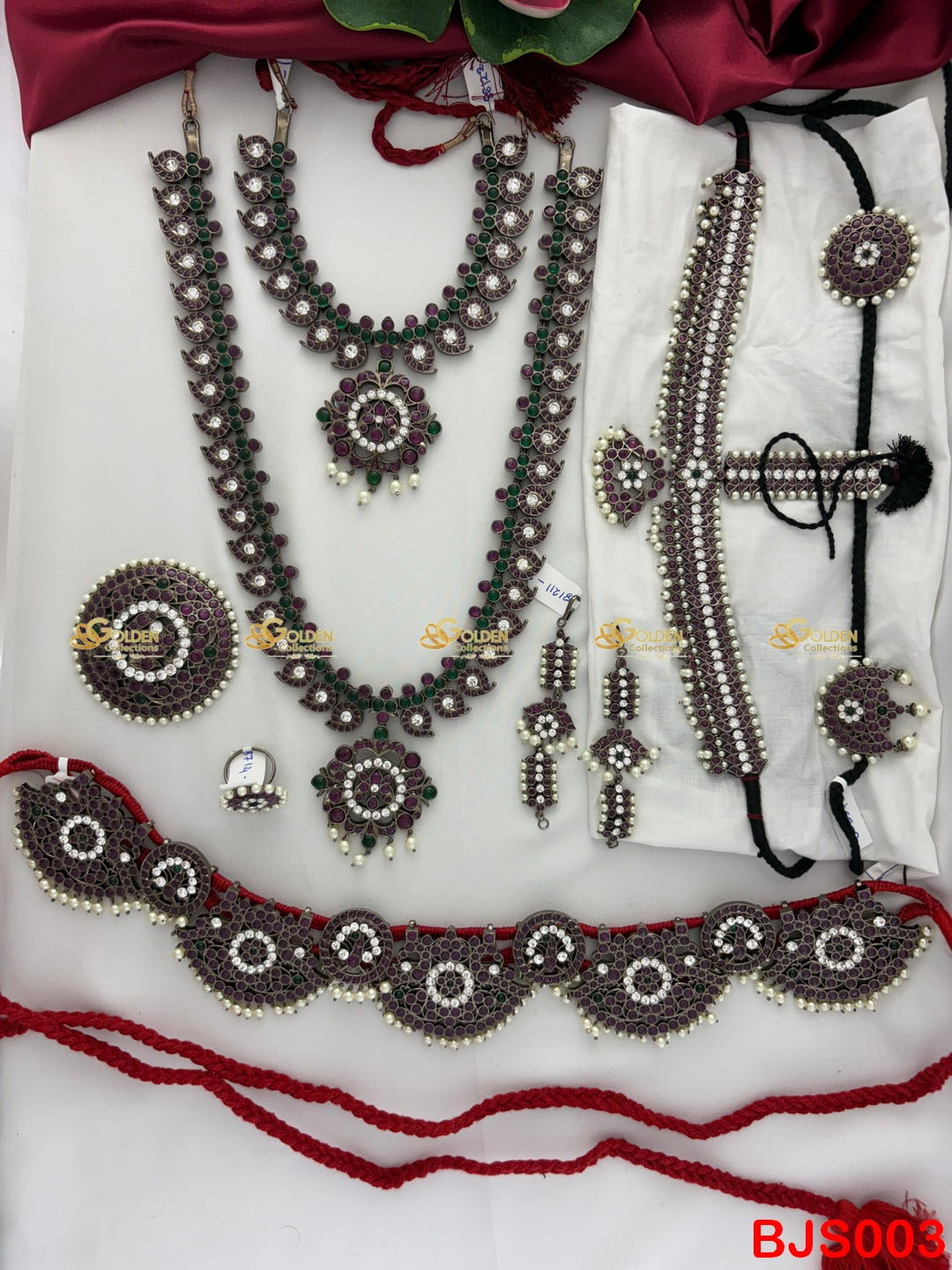 complete Antique Kemp Bharatanatyam Set in maroon & green with an oxidized finish. Includes haram, choker, vaddanam, headset & vanki for Arangetram.