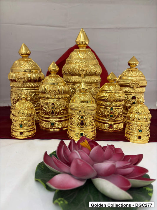 Seven-size family view of Balaji Venkateswara half-round brass deity crown with red and green accents