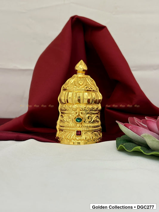 Front view of Balaji Venkateswara half-round brass deity crown with red and green accents, 4 x 3.5 x 2.2 Inches