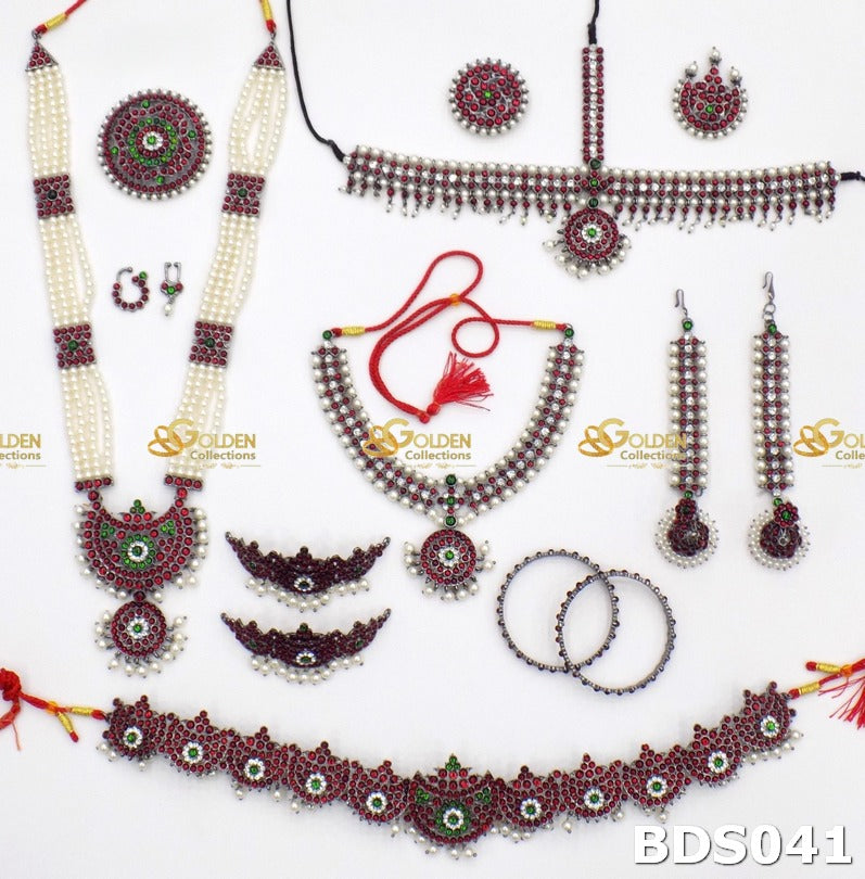 Traditional Bharatanatyam Dance Jewellery Set with Kemp stones, pearls, haram, choker, bangles, rakodi, and vaddanam for Arangetram and classical dance