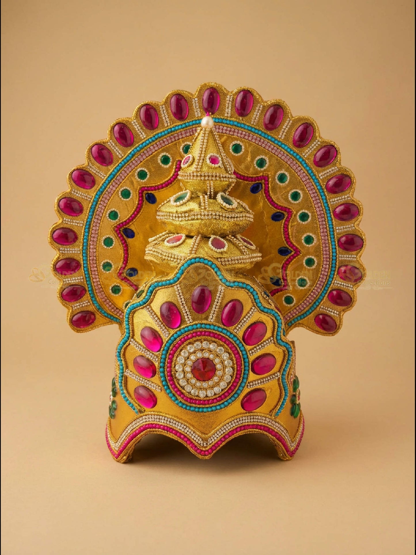 Golden Collections Drama Crown - Front view showcasing intricate kundan work and temple aesthetics