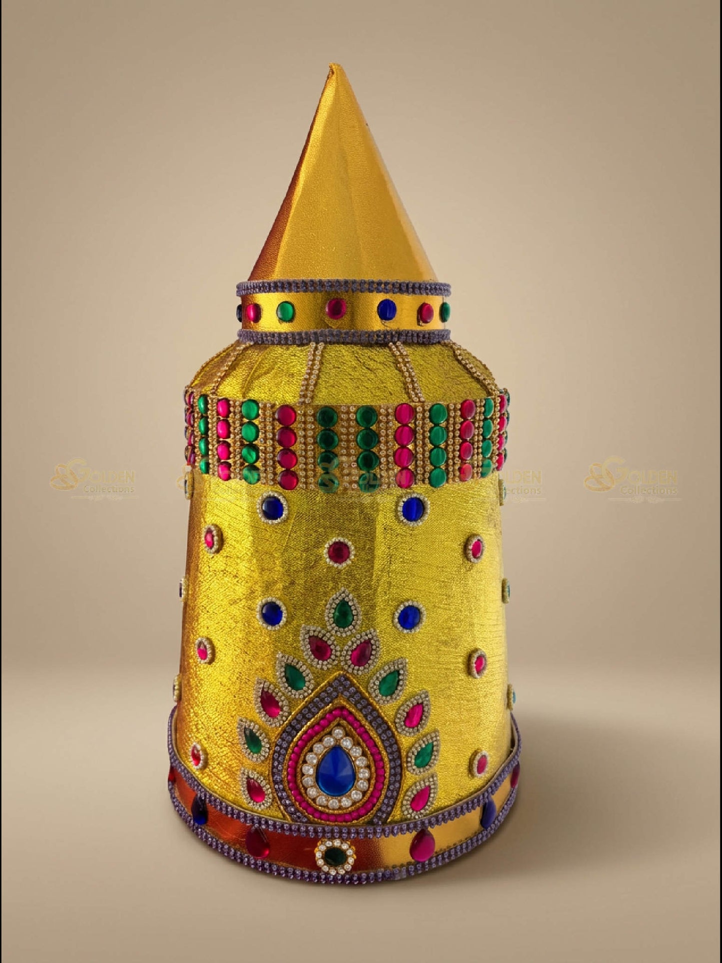 Golden Collections Bharatanatyam Drama Crown - Front view showcasing temple-inspired design with kundan stones
