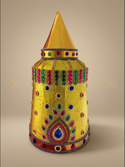 Golden Collections Bharatanatyam Drama Crown - Front view showcasing temple-inspired design with kundan stones
