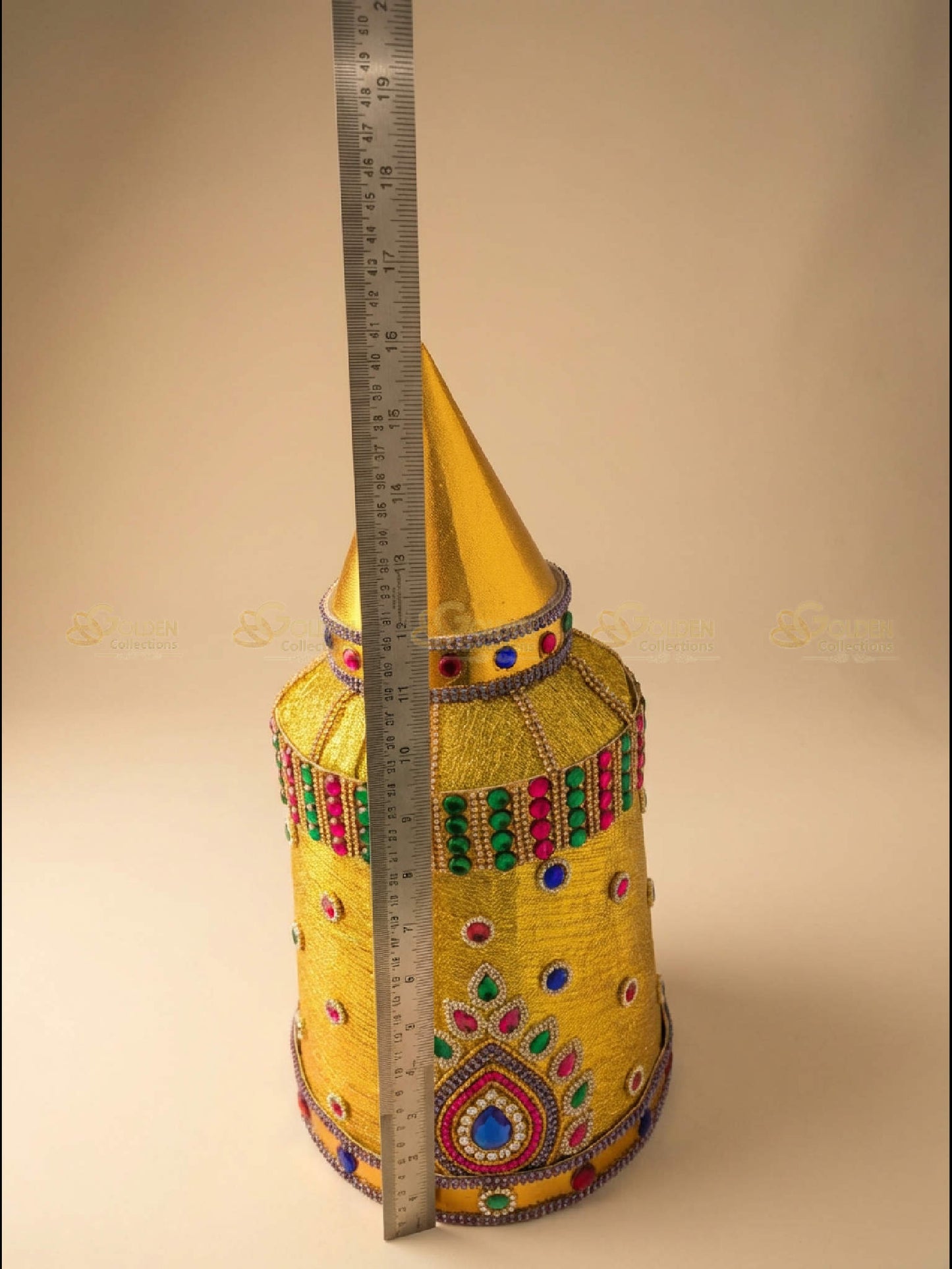 Golden Collections Bharatanatyam Drama Crown - Height measurement showing detailed craftsmanship and stone alignment