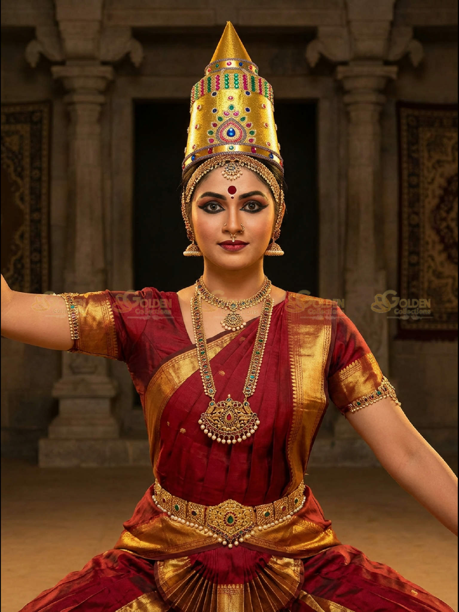 Golden Collections Majestic Bharatanatyam Drama Crown - Model showcasing the crown in traditional attire on stage set.