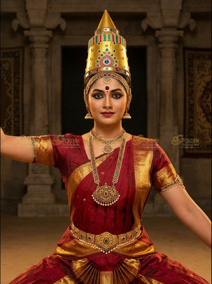 Golden Collections Majestic Bharatanatyam Drama Crown - Model showcasing the crown in traditional attire on stage set.