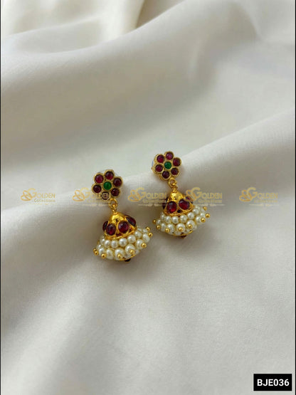 GoldenCollections Bharatanatyam Earrings - Front view with Kemp stones and pearls highlighted