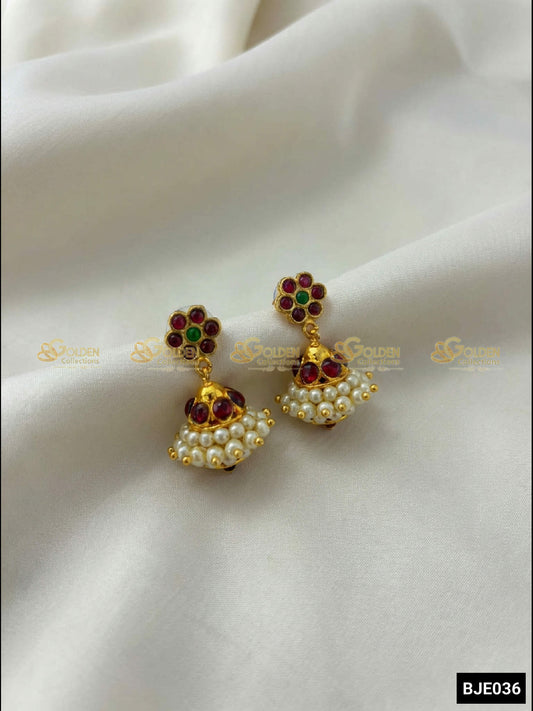 GoldenCollections Bharatanatyam Earrings - Front view with Kemp stones and pearls highlighted