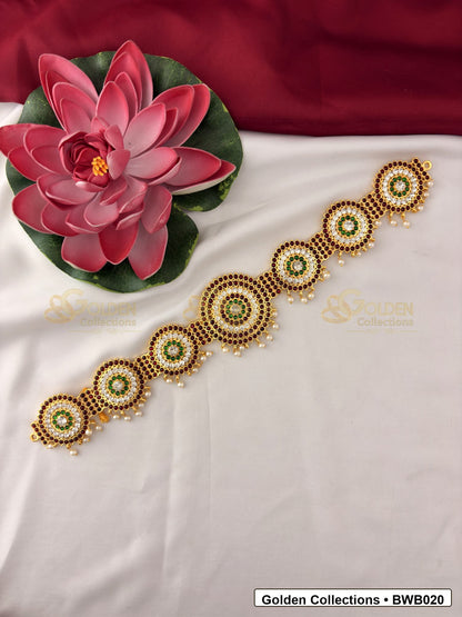 Front view of Bharatanatyam Gold Tone Waist Belt for Dance Costume showing gold-tone waist belt design for Bharatanatyam costume styling