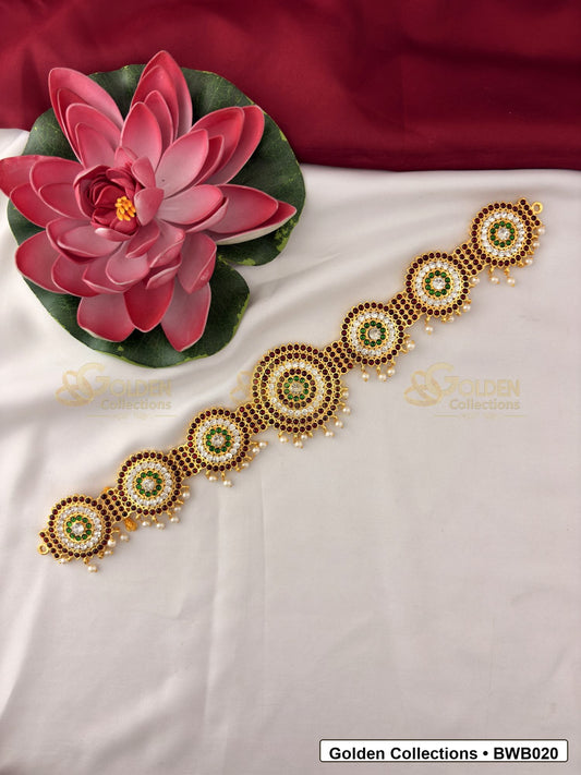 Front view of Bharatanatyam Gold Tone Waist Belt for Dance Costume showing gold-tone waist belt design for Bharatanatyam costume styling