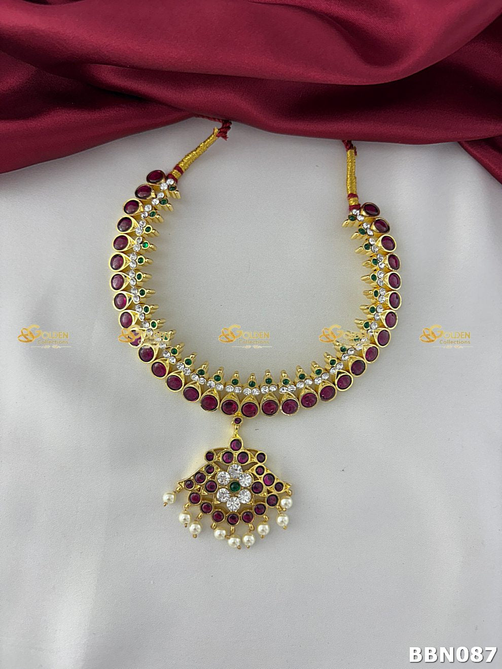 Bharatanatyam Kemp Addigai Short Necklace with Pearls | Temple Jewellery for Dance