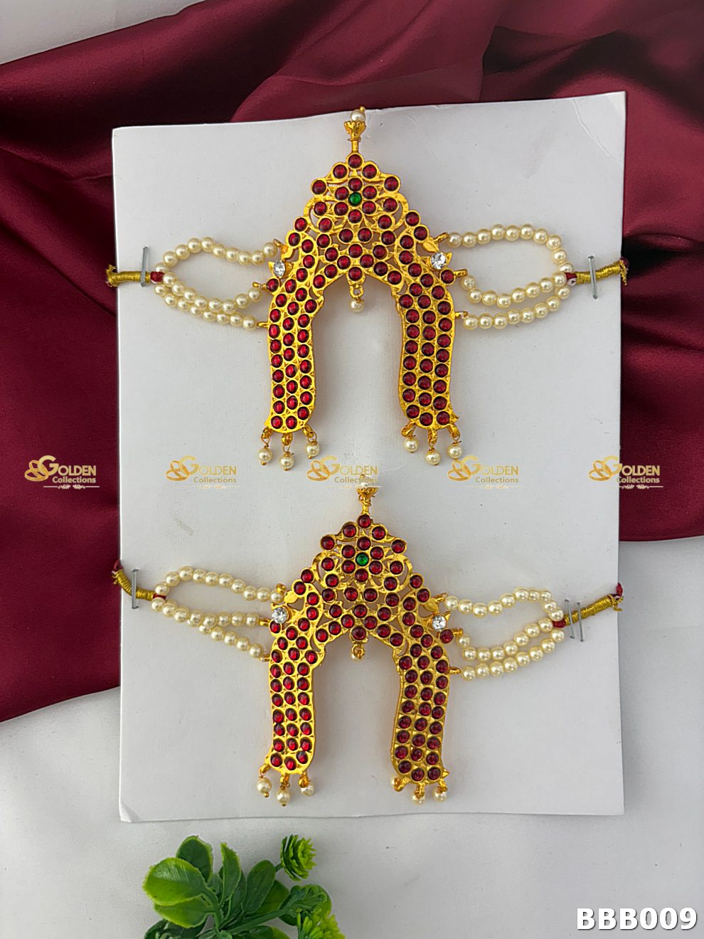 Bharatanatyam Kemp Bajuband Vanki Armlet with Pearl Chains – Traditional Temple Jewellery