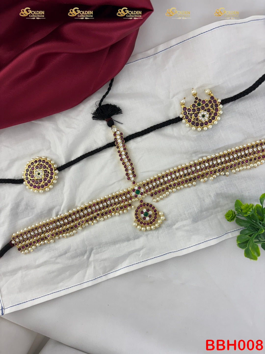 Real Kemp Bharatanatyam Kuchipudi Headset BBH008 with red-green kemp stones