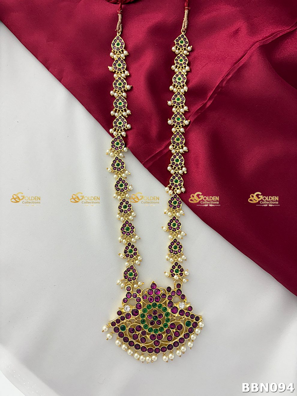 Bharatanatyam Kemp Long Haram with ruby-green stones and pearl hangings