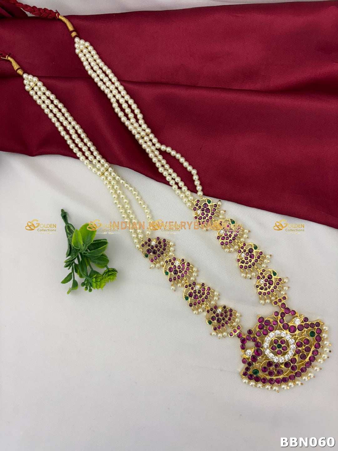 Bharatanatyam Kemp Long Necklace Haram with pearls and Kemp stones