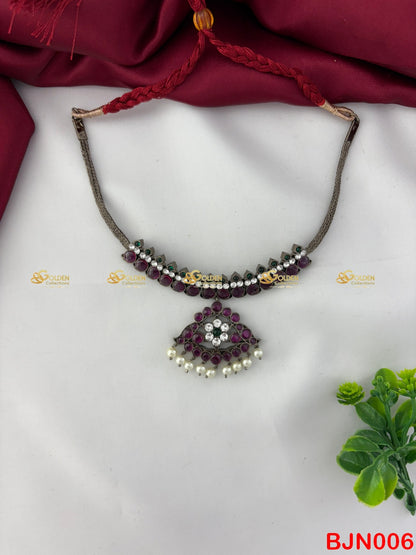 Bharatanatyam Kemp Necklace Black Polish with Red Stones, White Accents and Pearl Drop Pendant