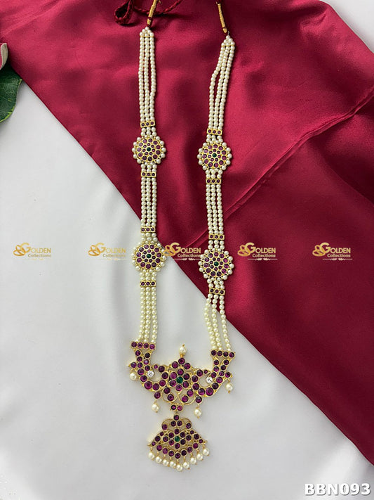 Bharatanatyam Kemp Pearl Long Haram – Traditional temple jewellery with kemp stones and pearls for classical dance