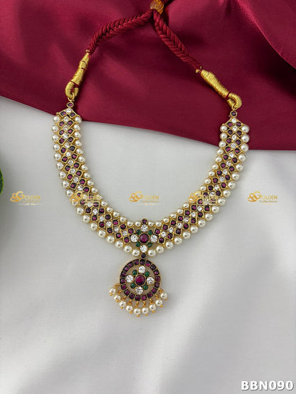 Bharatanatyam Kemp Pearl Short Necklace | Diamond Cut Temple Addigai with Round Pendant bbn090