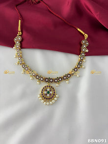 Real Kemp Pearl Short Necklace for Bharatanatyam and Kuchipudi BBN091 with red-green kemp stones with pearl accents